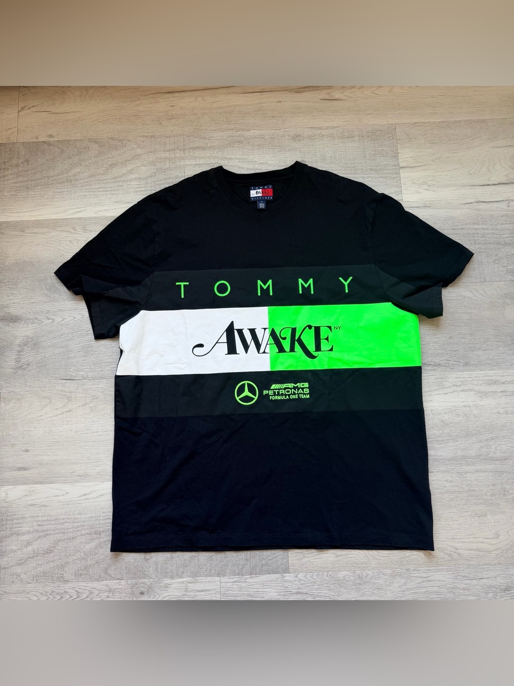 Tommy Hilfiger Black Tee with Neon Green & White Panels